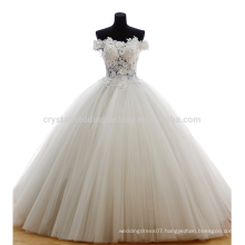 100% Real Photos Off The Shoulder Applique Zipper Puffy Ball Gown Sweep Train Charming Button Lace Wedding Dress MW984